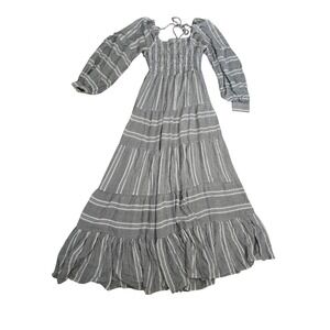 Angie Women Striped Smocked Maxi Dress Long Sleeve Tiered Boho Black White Small